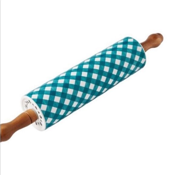 The Pioneer Woman Gingham Charming Check, Ceramic Rolling pin with Wood … - Picture 2 of 4